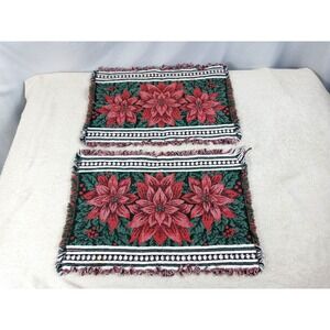 Set of 2 Christmas Poinsettia Woven Tapestry Placemats Fringed Holiday Table‎